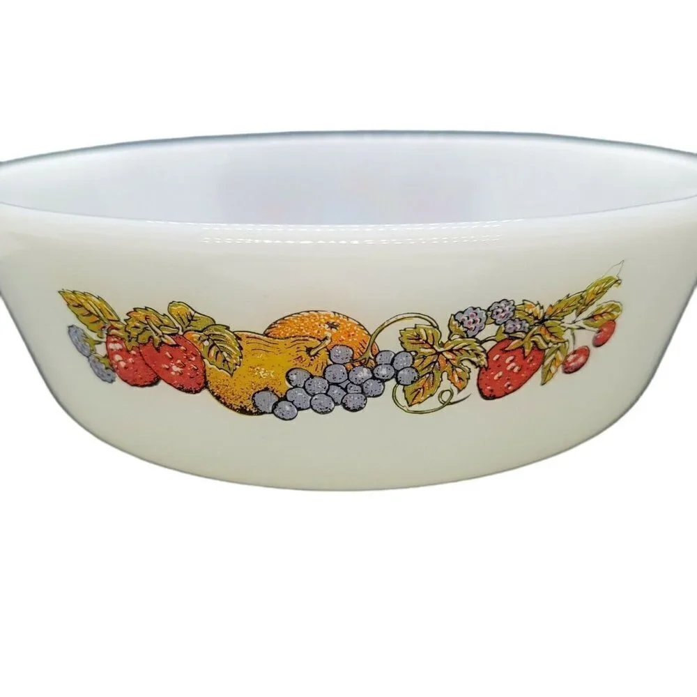 2 Vintage Anchor Hocking Fire King Casserole Dish Nature's Bounty Fruit Pattern